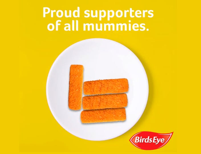 A frame from Birds Eye's #solidaritea gif which reads: Proud supporters of all mummies above a plate of fish fingers.