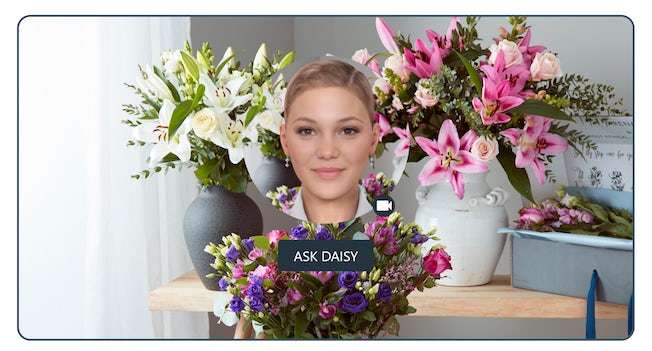 Headshot of Daisy, a digitally generated human being with short brown hair and earrings, against a backdrop of flowers in vases. Underneath her headshot a text box reads, 'Ask Daisy'.