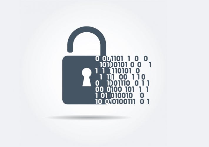 A vector illustration of a padlock with binary data code.