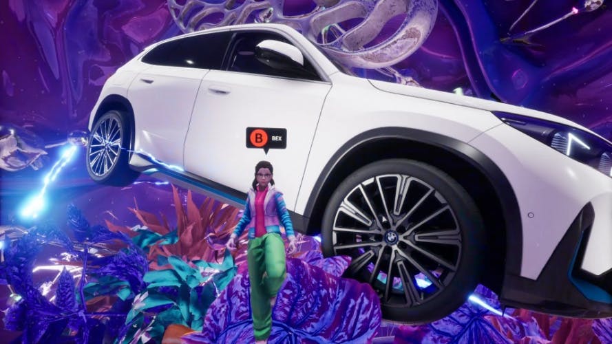 A pale-skinned avatar with brown hair and glasses, wearing colourful pink, blue, purple and green clothing, hovers in front of a giant BMW iX which is floating at a slant. The two are suspended amidst a psychedelic landscape of strange shapes and jungle-like plants.