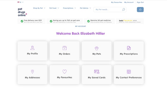 Pet Drugs Online account dashboard