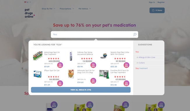 Pet Drugs Online dynamic search bar