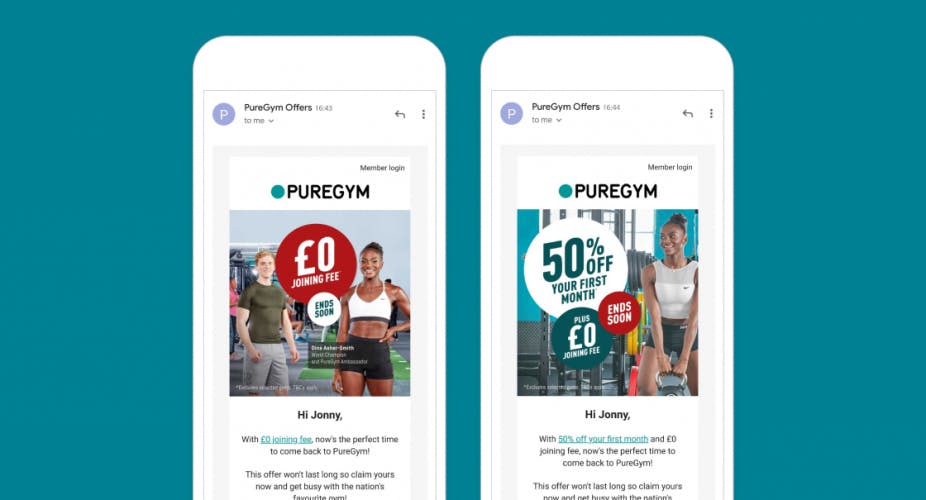 PureGym personalised emails in smartphone screens