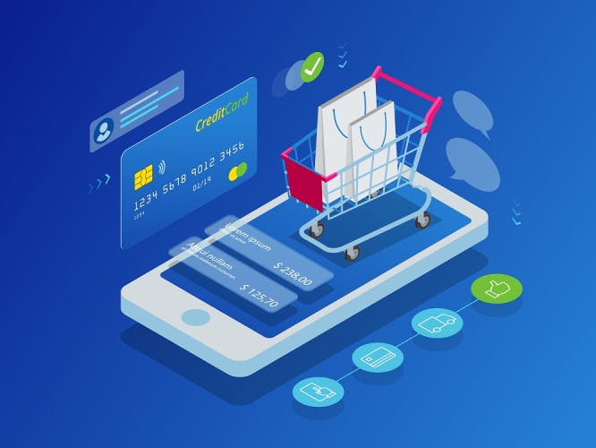 Vector graphic of a shopping cart on top of a mobile phone screen with a credit card floating next to it.