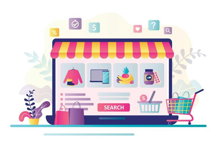 Online marketplace vector graphic with a laptop resembling a storefront and displaying various products. On one side is a pot plant, and on the other a shopping trolley.