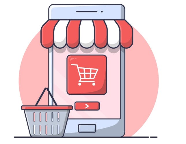 Illustration of a smartphone with a little shop awning towards the top, and a shopping cart icon on the screen. Next to it is a shopping basket.
