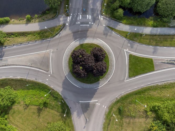 aerial view of roundabout with trees in centre