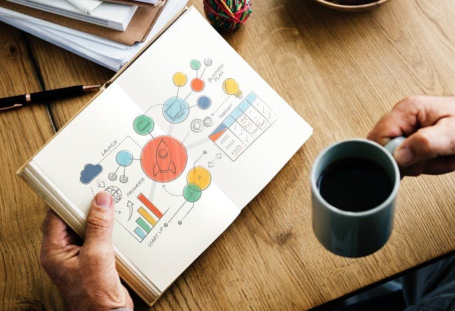 Person's hands holding a coffee cup and an open notebook with some colourful visualisations on it.